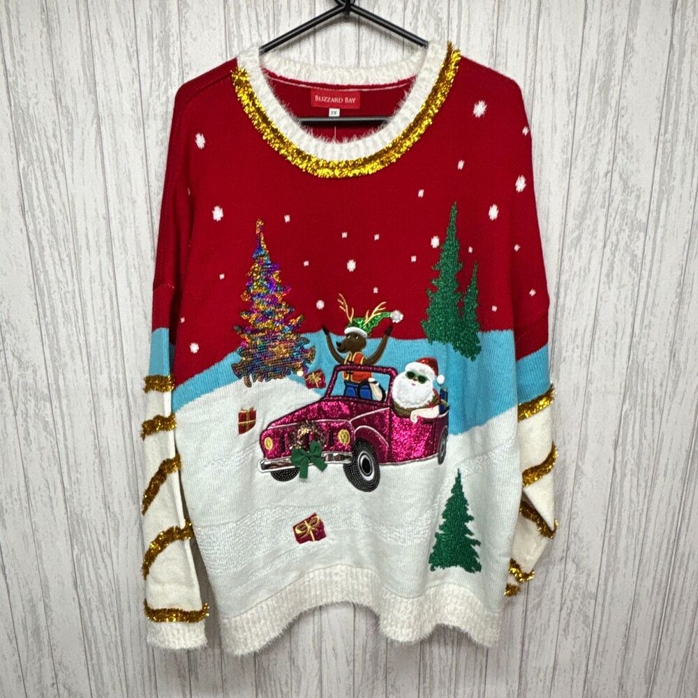 Blizzard Bay Womens Size 2X Christmas Ugly Sweater Santa Reindeer Sequin Crew